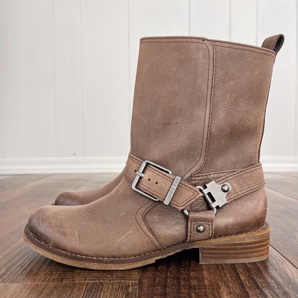 Gianni Bini Leather Moto Engineer Buckle Boot Burnished Pull On Size 8.5 Brown - Picture 2 of 15
